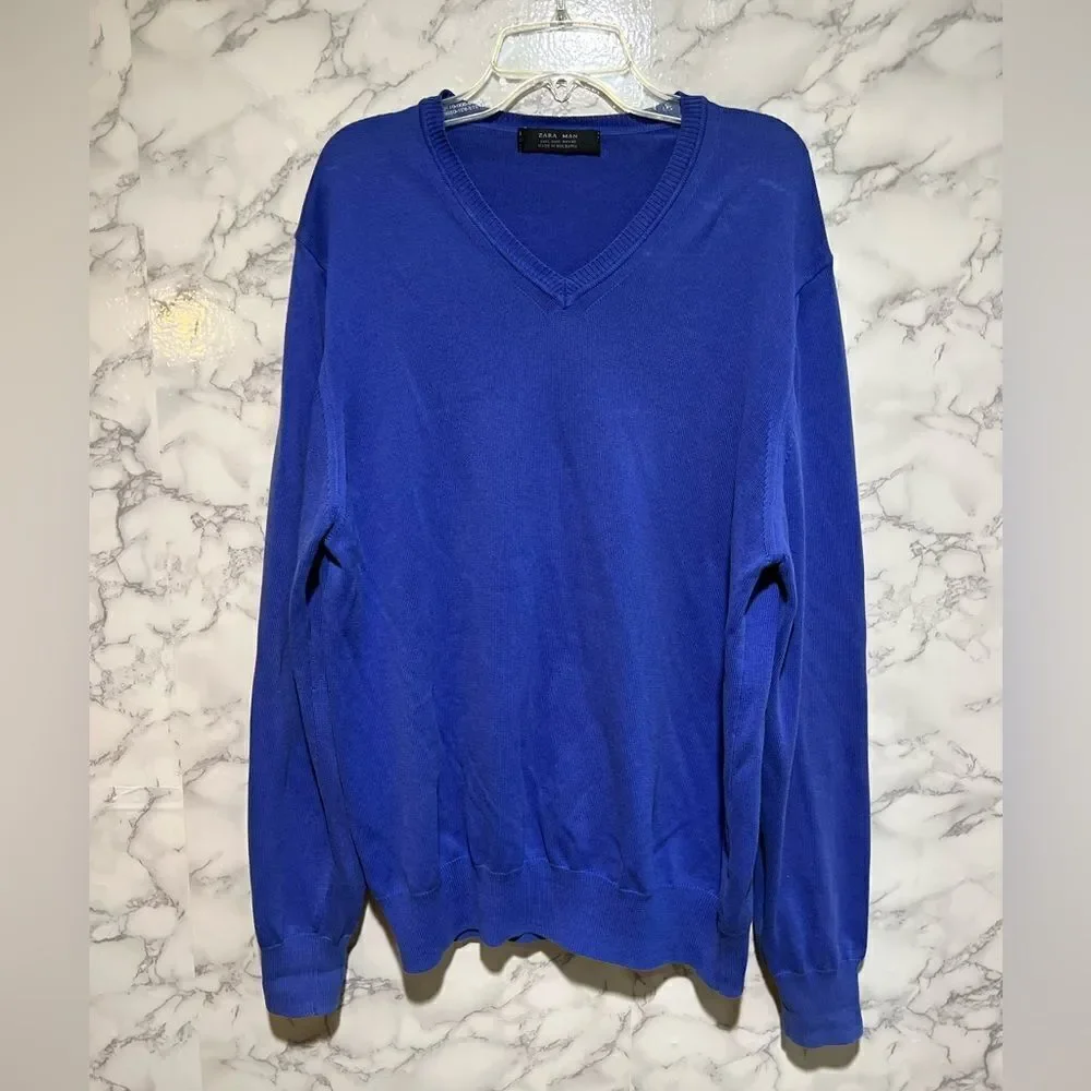 Zara Man Sweater Large Blue Fine Cotton V-neck Longsleeve Bulgaria